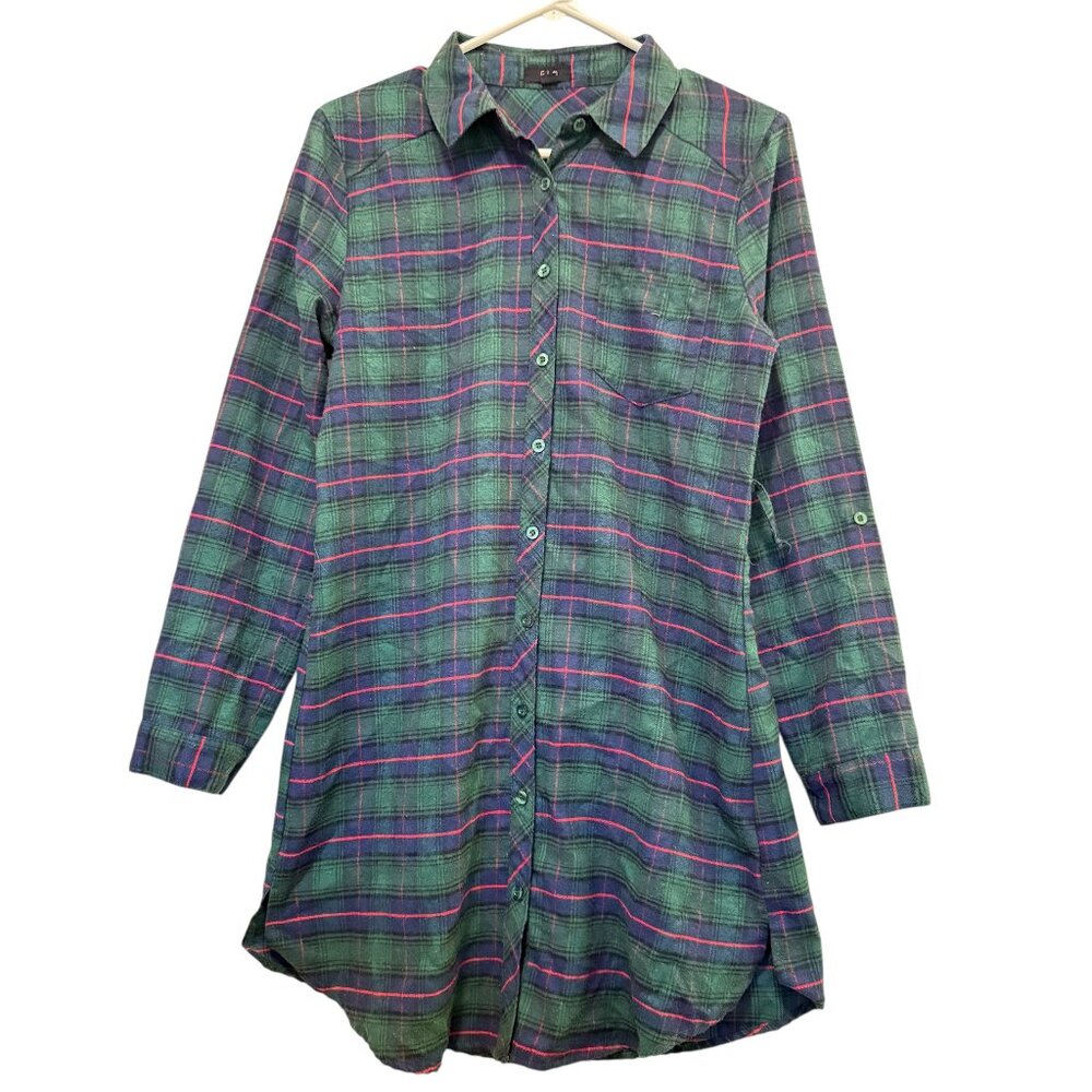 Plaid Button Front Flannel Shirt Dress M Collared Long Sl Cozy Cabin Cottagecore